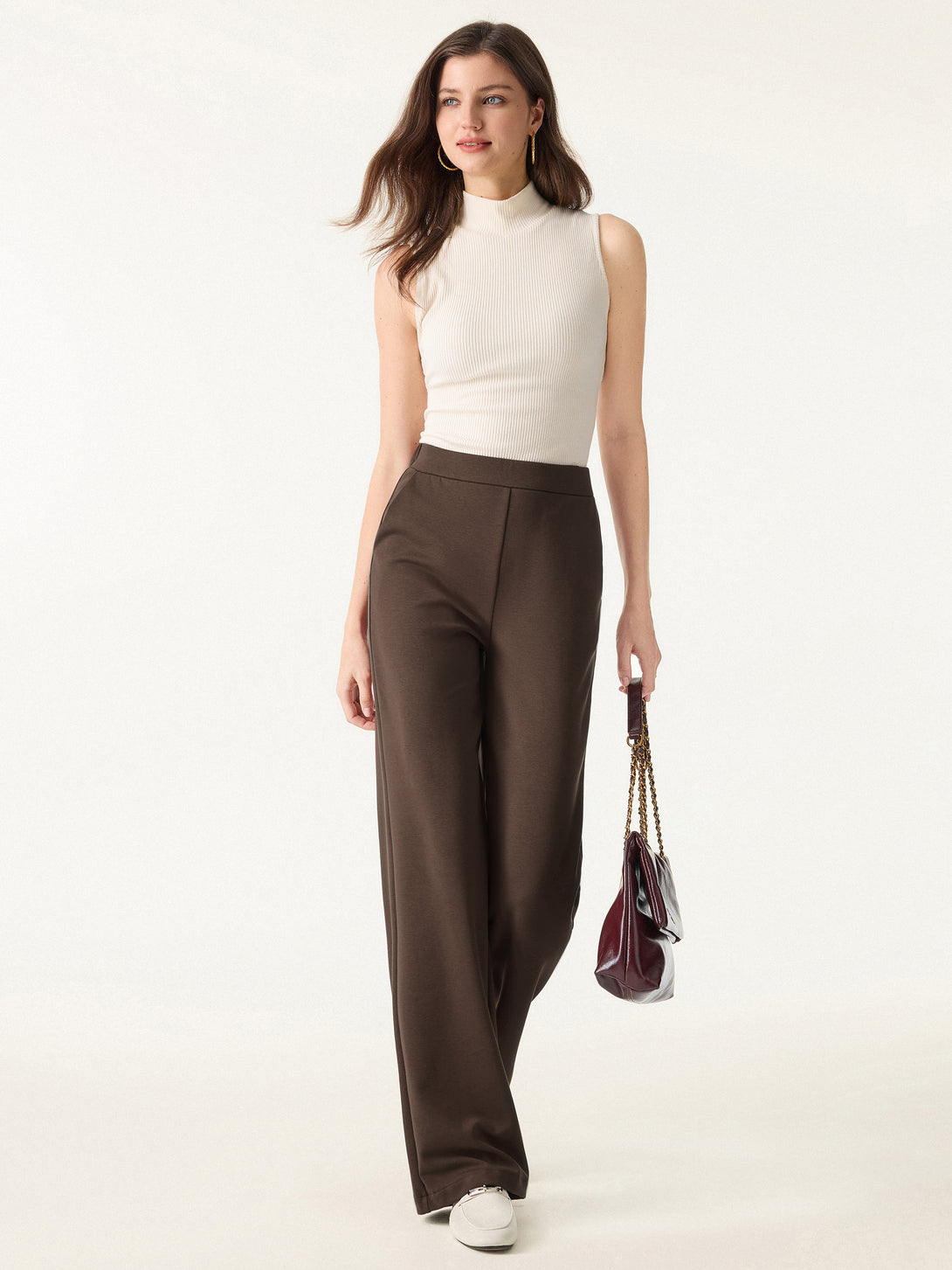 Brushed Stretch High Rise Slim Straight Pull-on Pants with Pockets