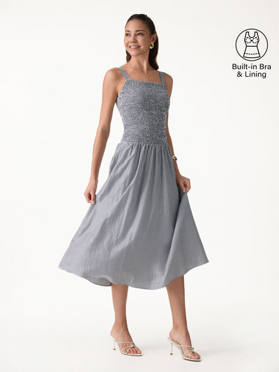 OGLmove Striped Poplin Square Neck Smocked Midi Bra Dress Grey/White Stripe XS