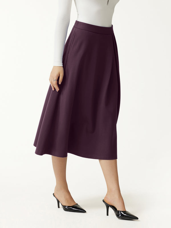 OGLmove Ponte Mid-Rise Tucked A-Line Midi Skirt with Pockets Plum Noir Purple XXS