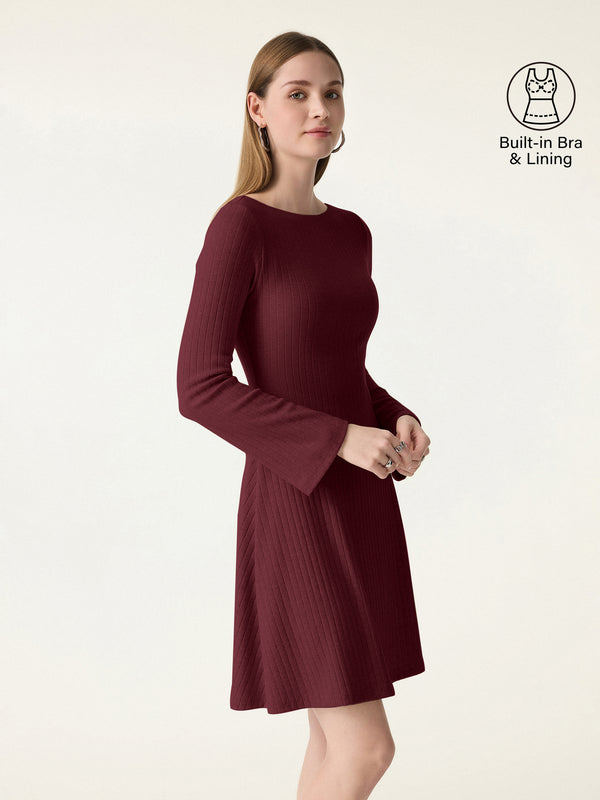 Cozy Rib Boatneck Bell Sleeve Flare Mini Brami Dress