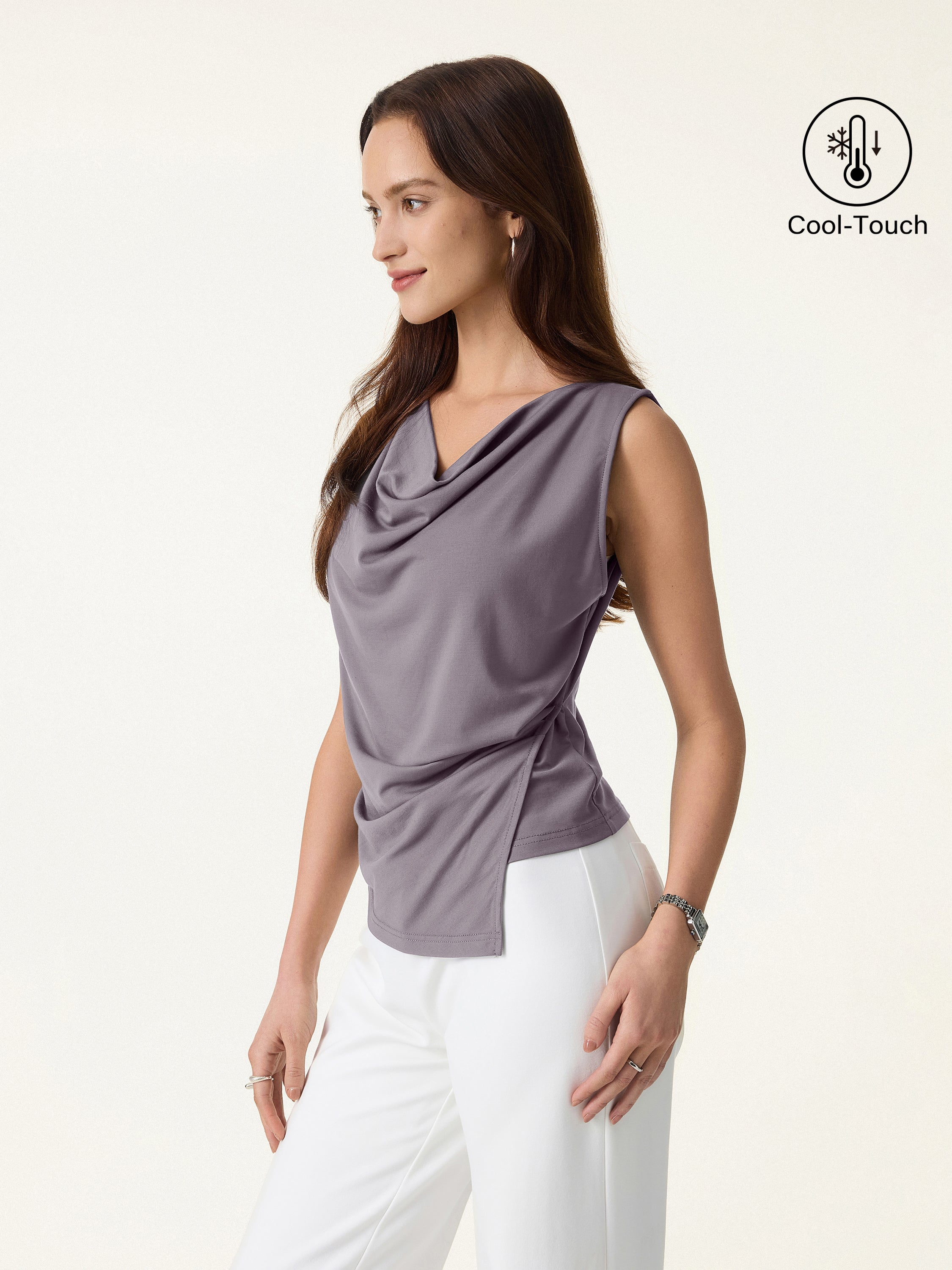 Cowl Neck Asymmetrical Tucked Sleeveless Top