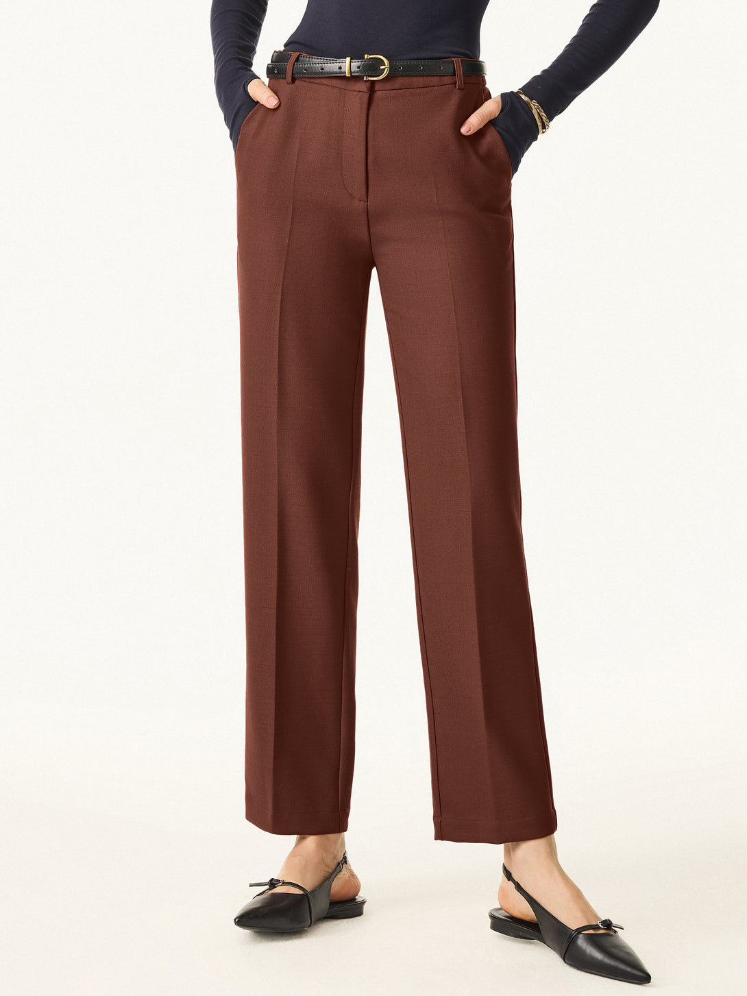 Stretch Wool Mid Rise Slim Straight Trousers with Pockets Petite Red Clay