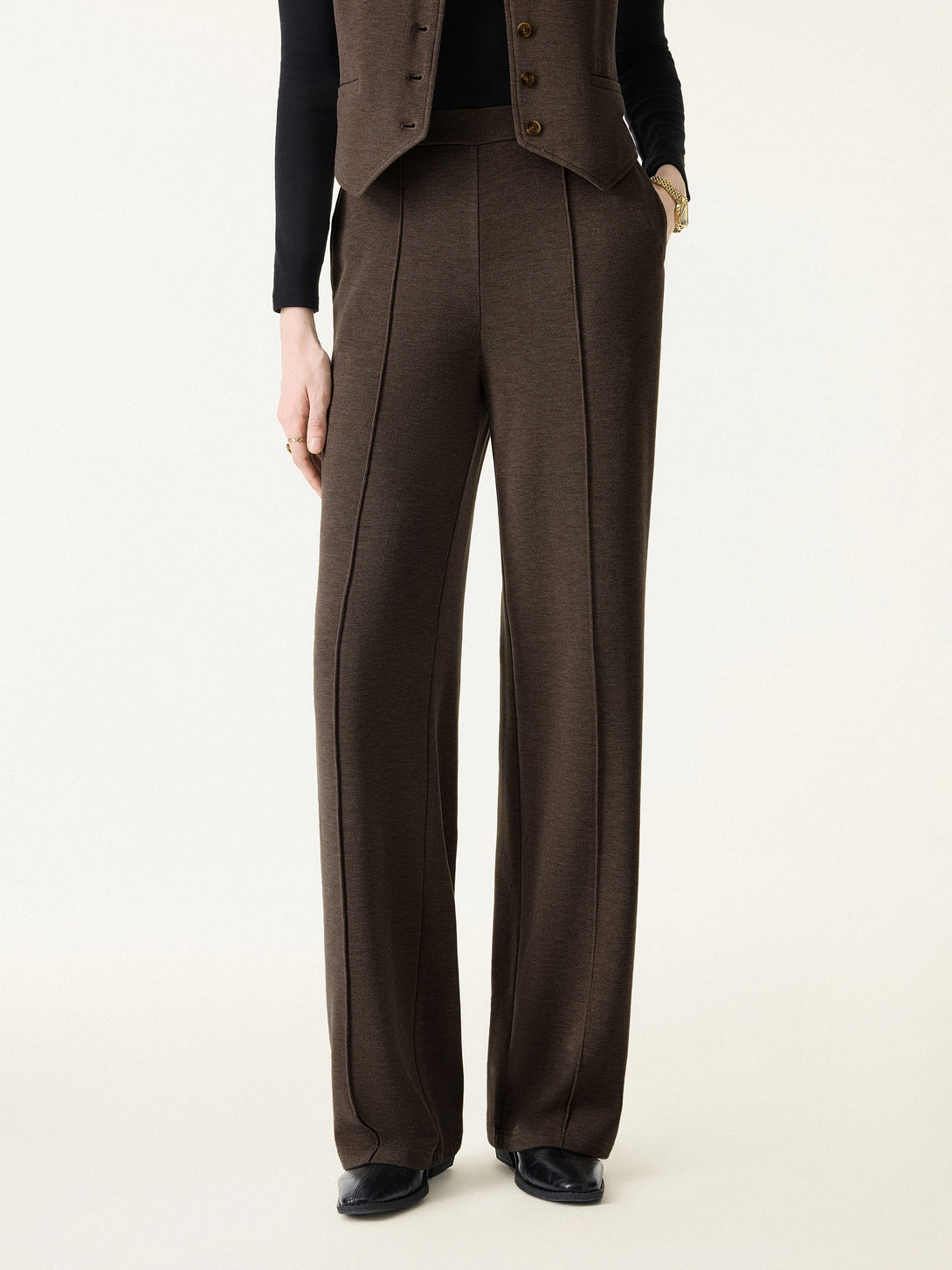 Brushed Warm High Rise Pintuck Straight Leg Pull-on Pants Regular Acajou