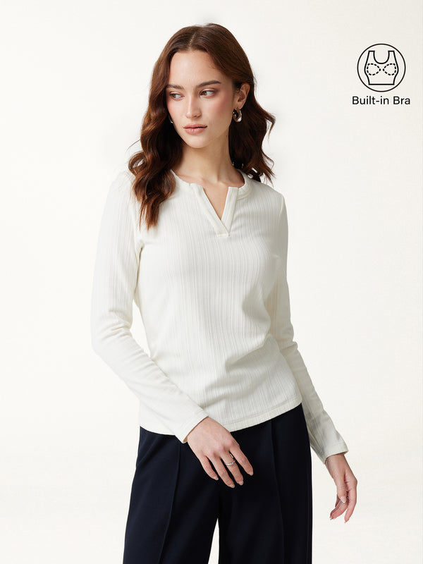 OGLmove ProWarm Viscose Henley Neck Long Sleeve Built-In Bra Top 3.0 Off White XXS