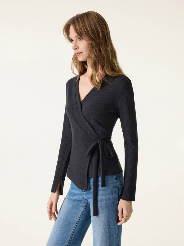 OGLmove Wide Ribbed Crossover Long Sleeve Tie-Waist Top