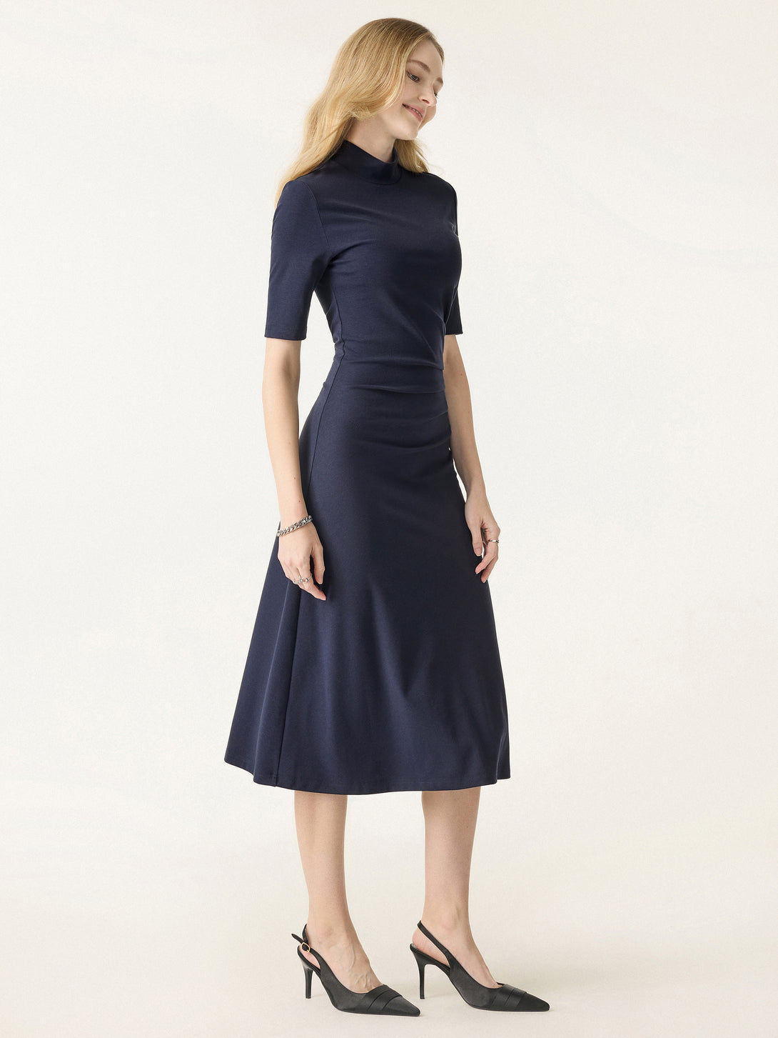 Mockneck Elbow Length Sleeve Tucked Midi Dress