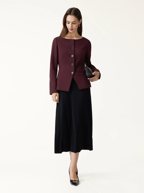 OGLmove Ponte Office Round Neck Long Sleeve Jacket with Pockets Ruby Red XXS