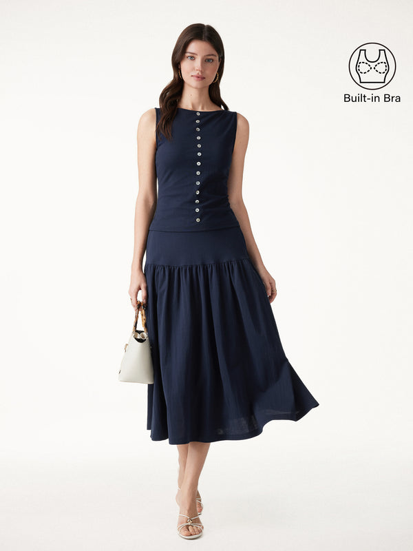 OGLmove 2Pcs Set Cropped Bra Top & Midi Skirt with Pockets