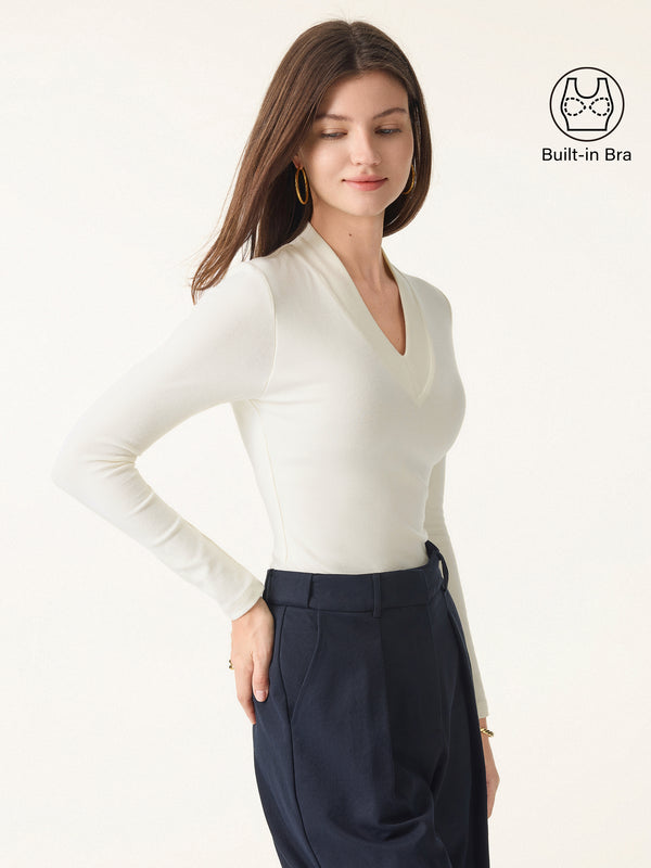 OGLmove Essential V-neck Wide Binding Slimming Bra Top Off White XXS