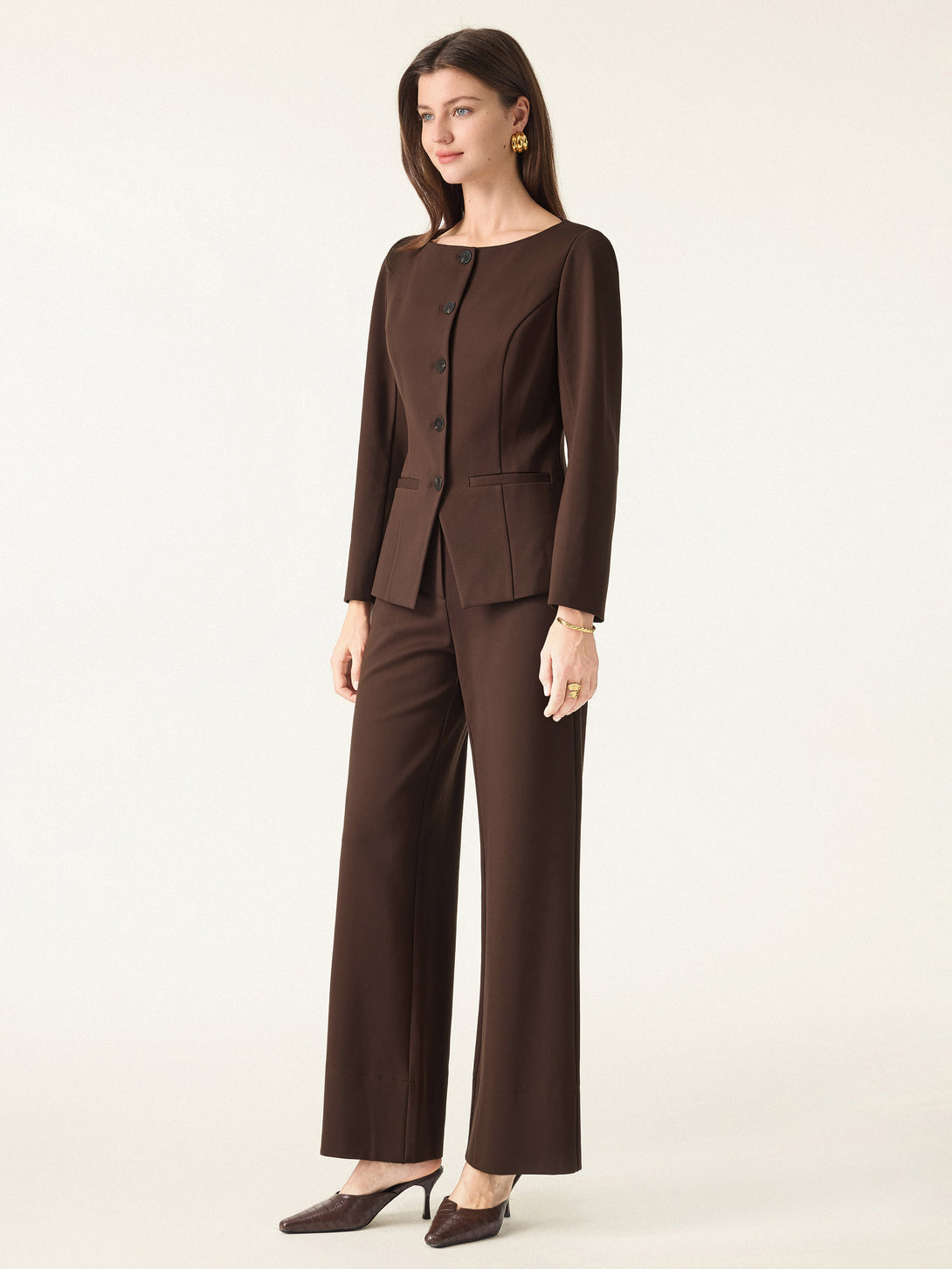 2Pcs Set Boatneck Blazer & High Rise Wide Leg Trousers with Zippered Pockets