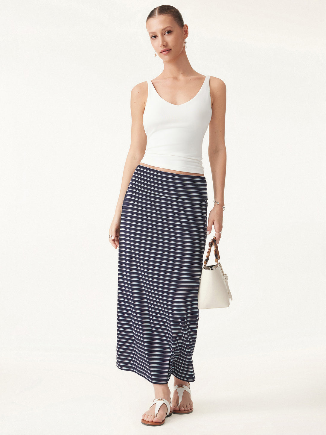 Low Rise Folded Waist Striped Midi Skirt