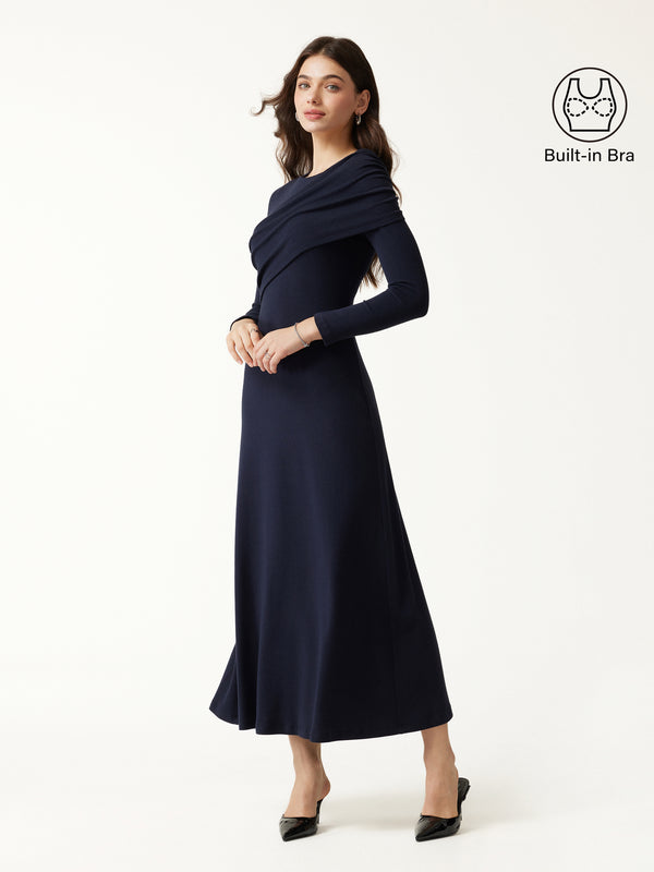 OGLmove Eco-Mousse® Boatneck Ruched A-Line Midi Bra Dress