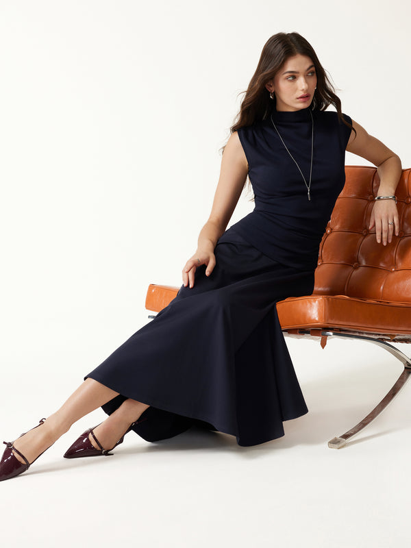 OGLmove Office Staple Ponte High-Rise Circle Midi Skirt with Pockets Universe Navy XXS
