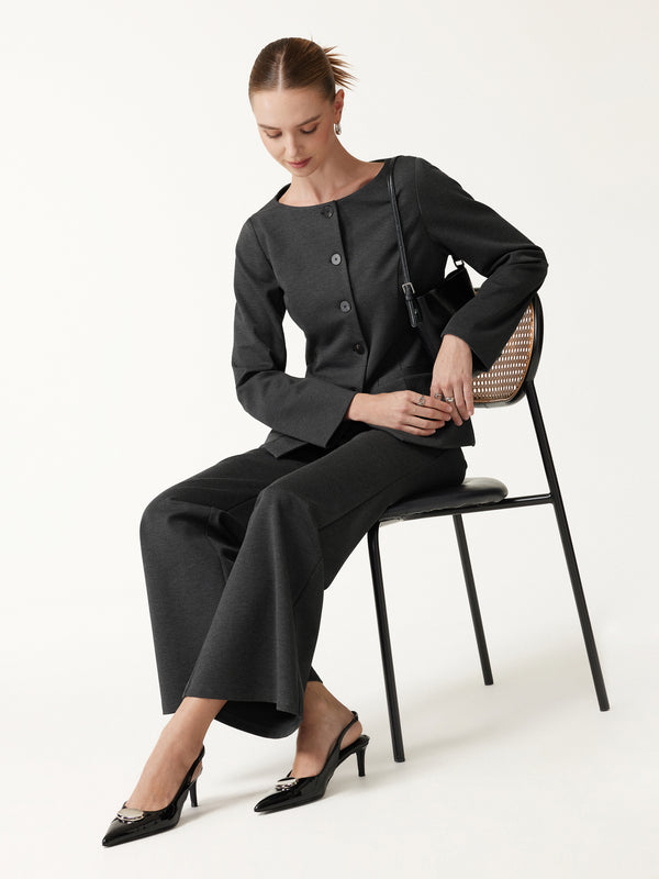 2Pcs Set Neck Long Sleeve Jacket with Pockets & Mid-Rise Wide-Leg Pants with Pockets