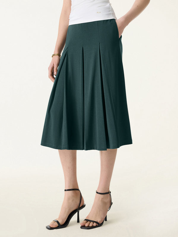 Stretchy Mid Rise A-line Pleated Skirt with Pockets