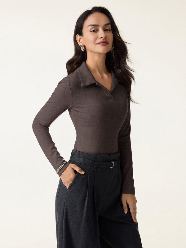 Heathered Wool Blend Polo Neck Long Sleeve Top Dark Bruntte XS