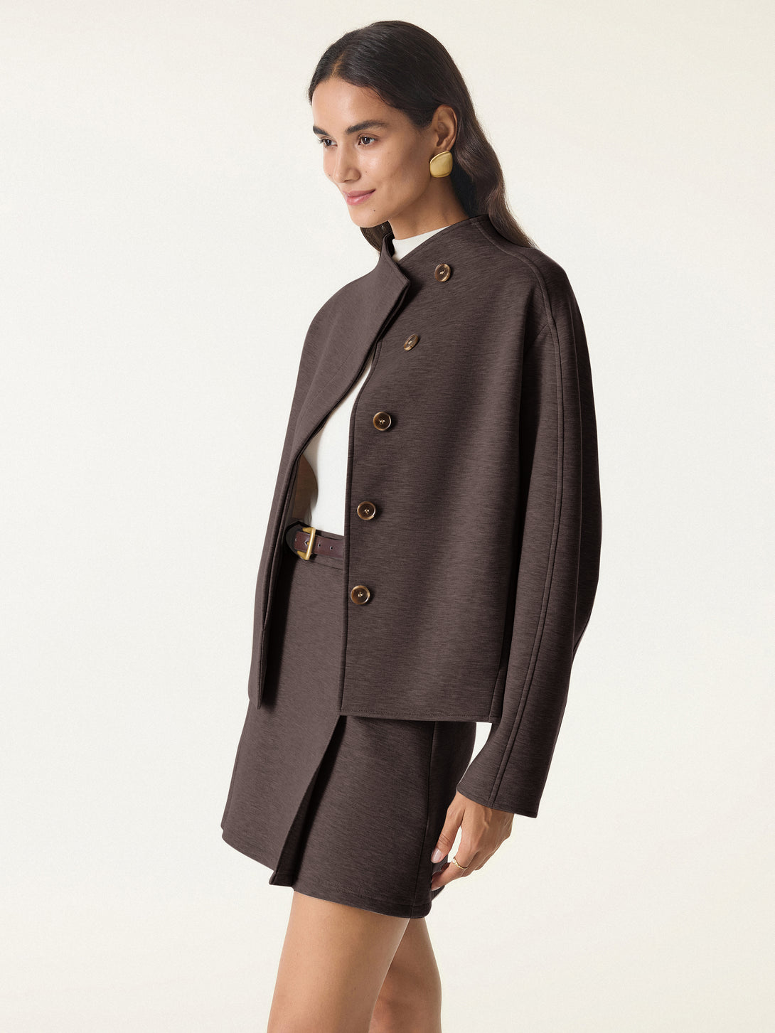 Minimalist Stand Collar Cropped Jacket with Pockets Espresso XS