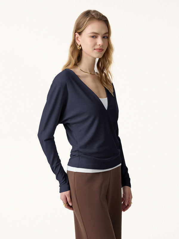 Non-Itch Lyocell Wool Relaxed V-Neck Batwing Sleeve Top Smoky Navy XS
