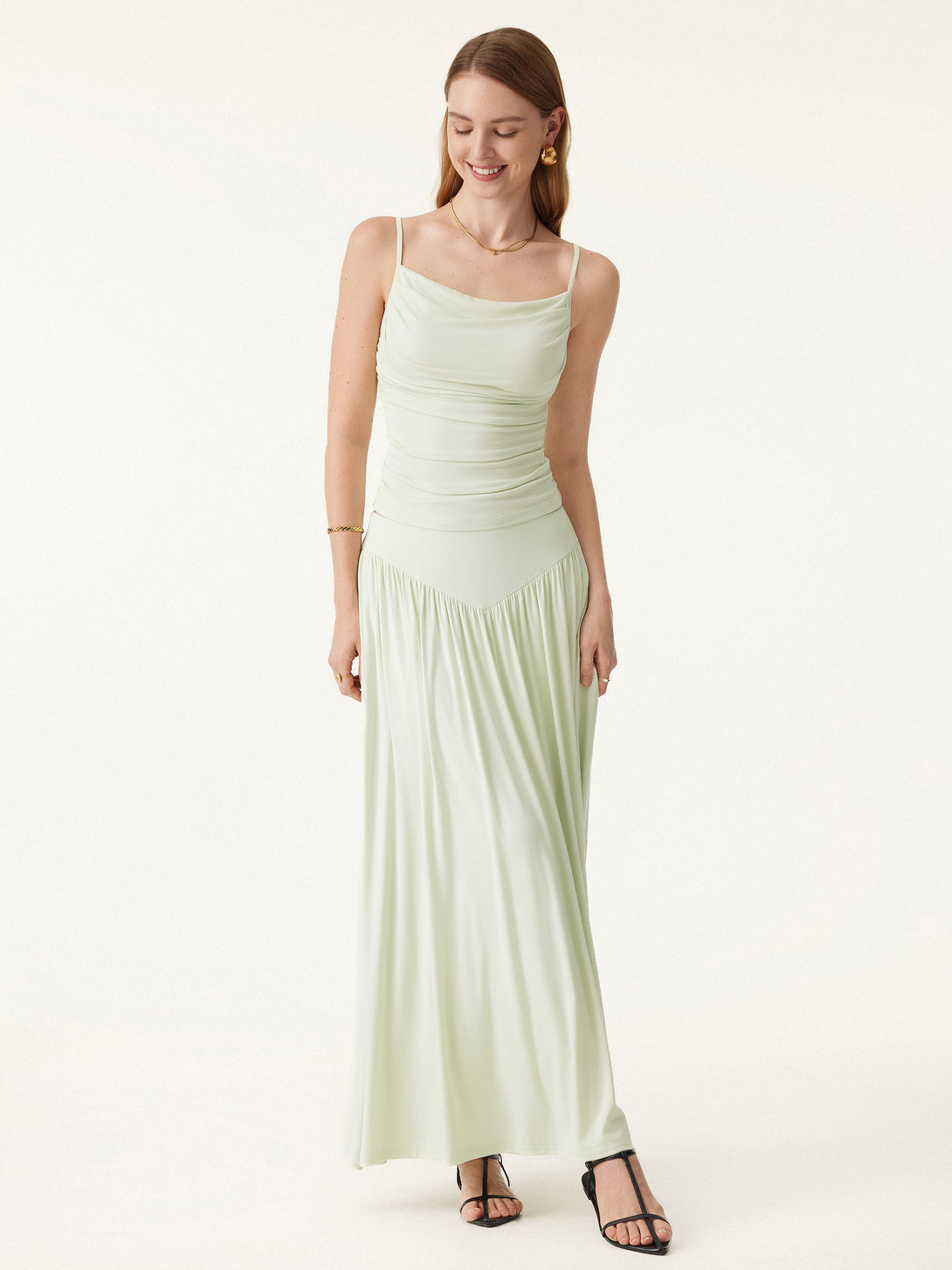 2Pcs Set Adjustable Spaghetti Straps Brami & V-shape Maxi Skirt with Pockets