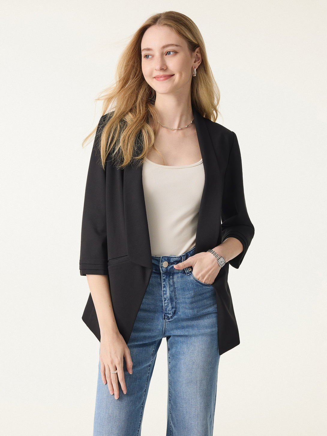 Stretch Ponte Shawl Lapel 3/4 Sleeve Blazer with Pockets Black XS