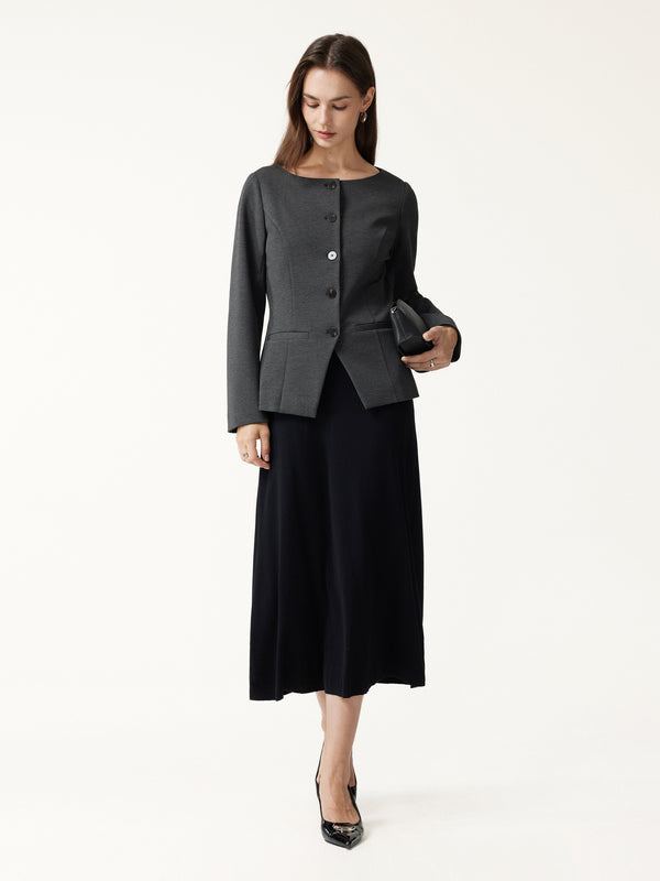 OGLmove Ponte Office Round Neck Long Sleeve Jacket with Pockets