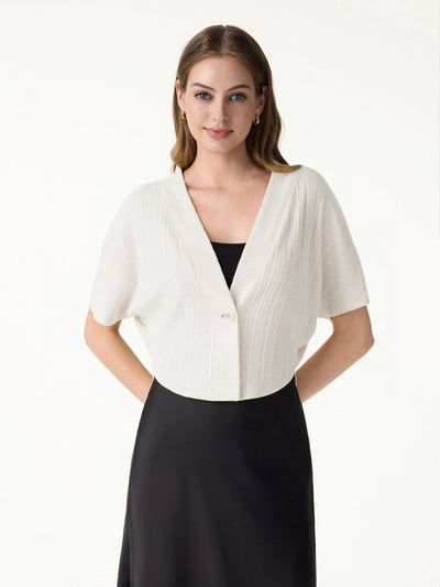 OGLmove Pointelle Kimono Cropped One-Button Cardigan Light Ivory Beige XS