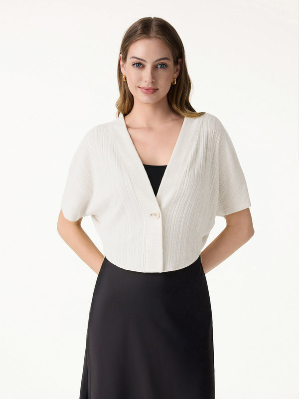 OGLmove Pointelle Kimono Cropped One-Button Cardigan Light Ivory Beige XS