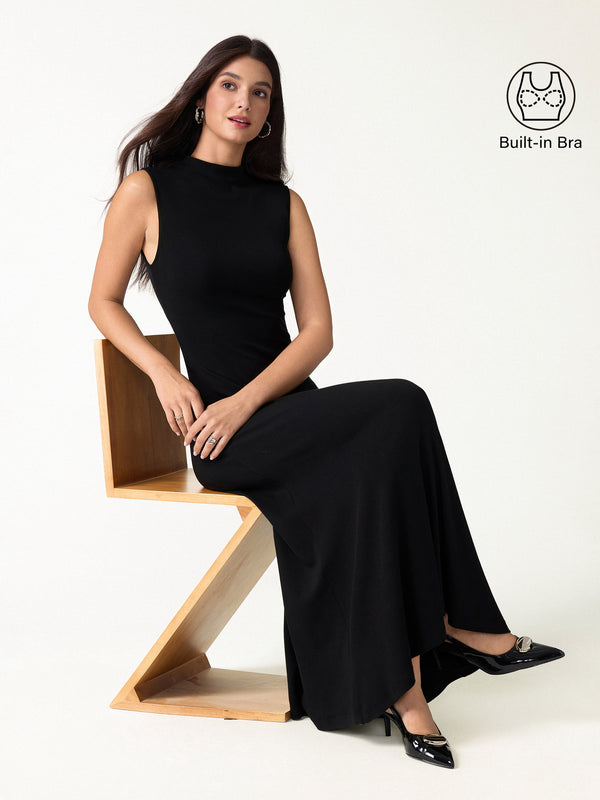 OGLmove Eco-Mousse® Mock Neck Sleeveless A-Line Midi Bra Dress Black XXS