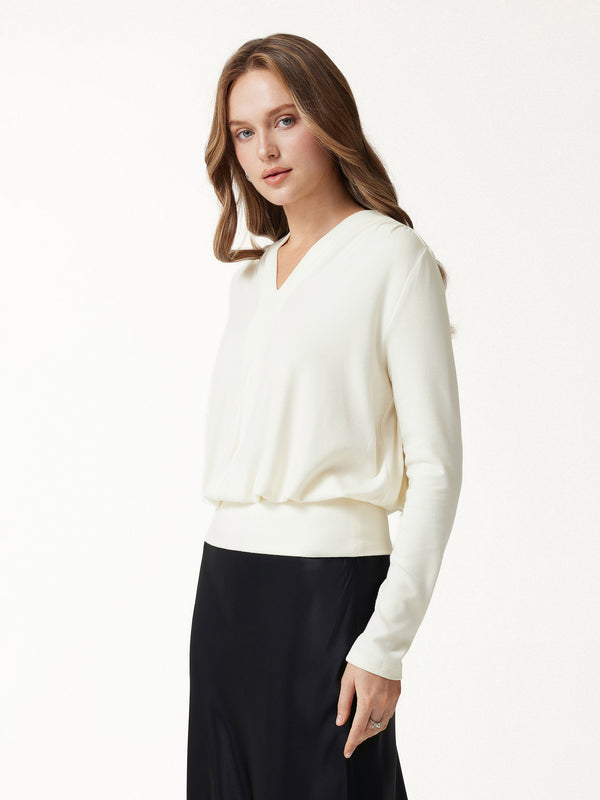 OGLmove Eco-Mousse® V-Neck Long Sleeve Ruched Banded Hem Top Off White XXS