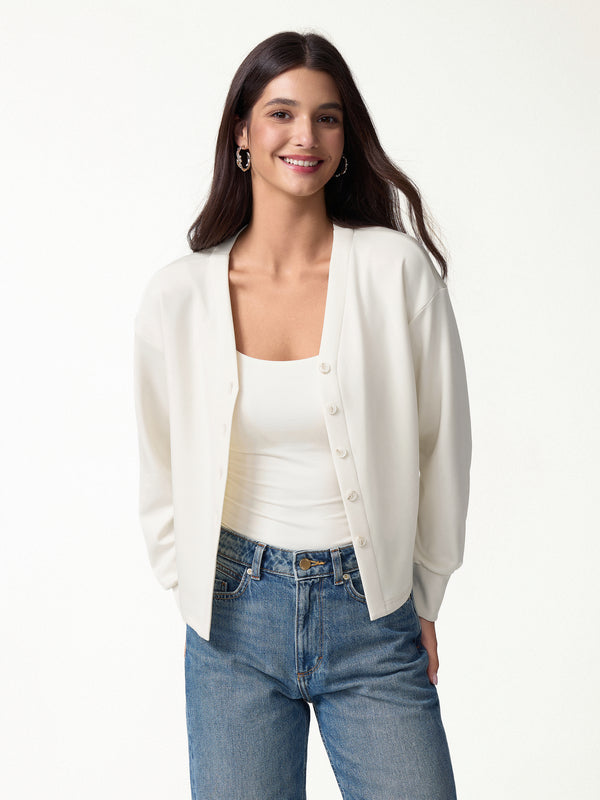 OGLmove Modal Spacer Knit V-Neck Long Sleeve Button-Down Cardigan Off White XXS