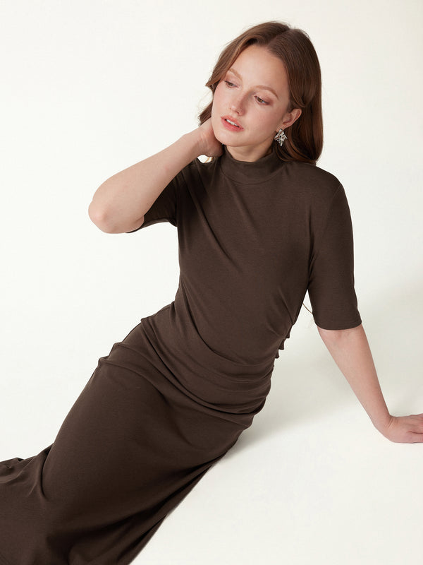 Cotton Blend Mock Neck Elbow Sleeve Tucked A-Line Midi Dress