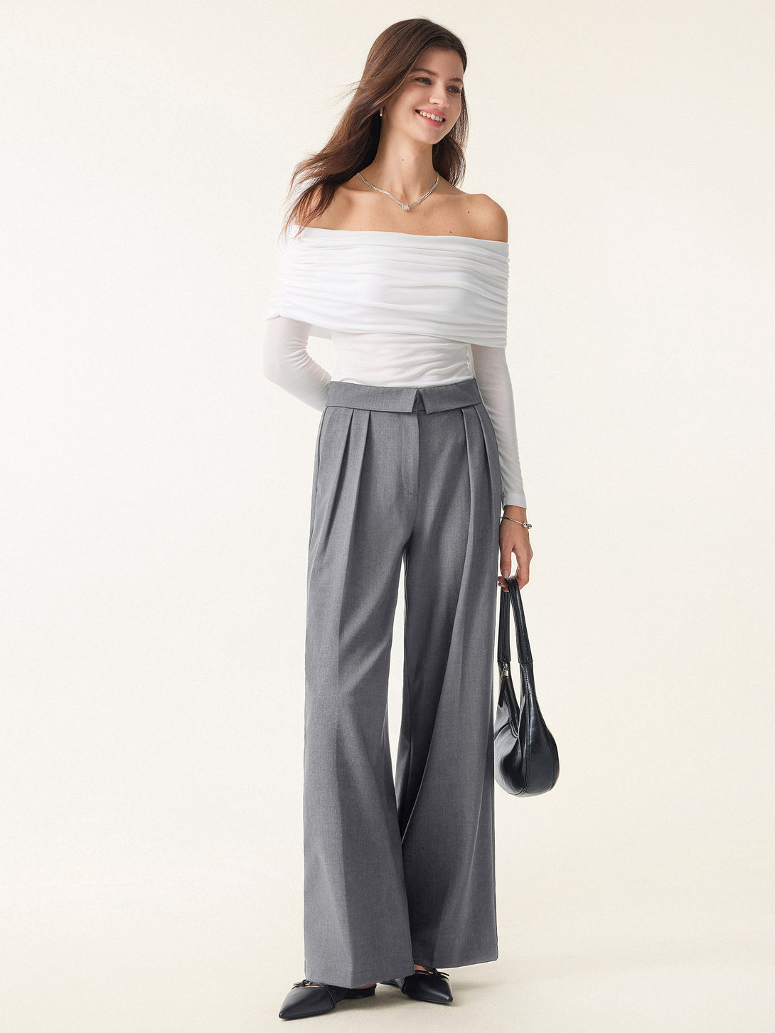 Fold-Over Pleated Midi Rise Wide Leg Trousers with Pockets