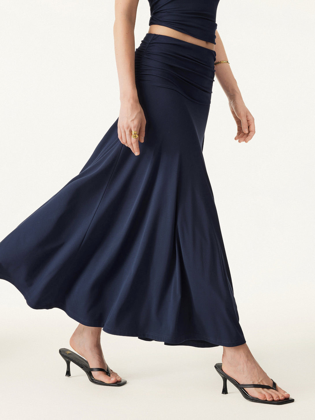 Ultrasoft Mid Rise A-line Ruched Maxi Skirt Midnight Navy XS