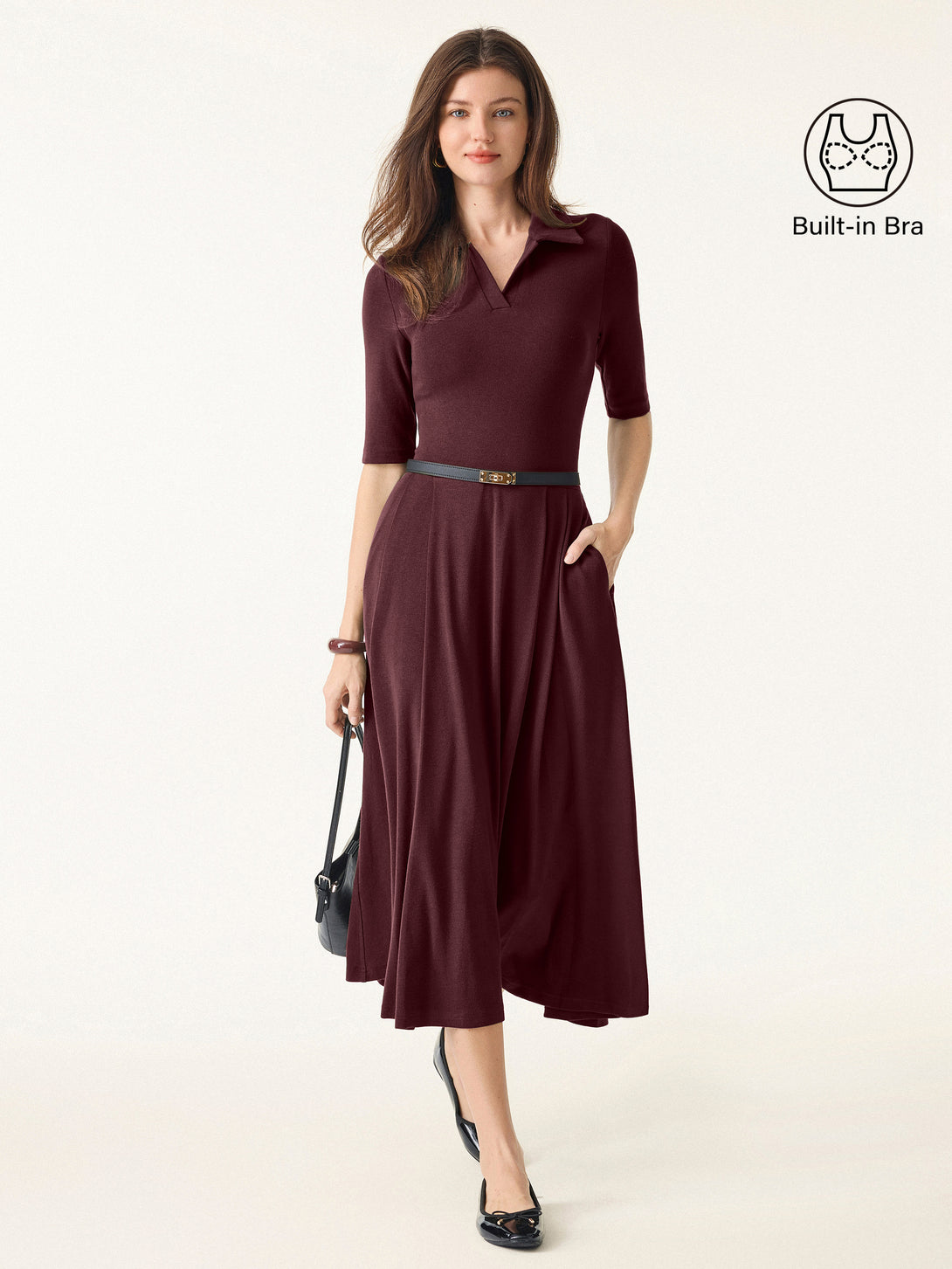 Polo Neck Elbow Length Sleeve Midi Brami Dress with Pockets Ruby XS