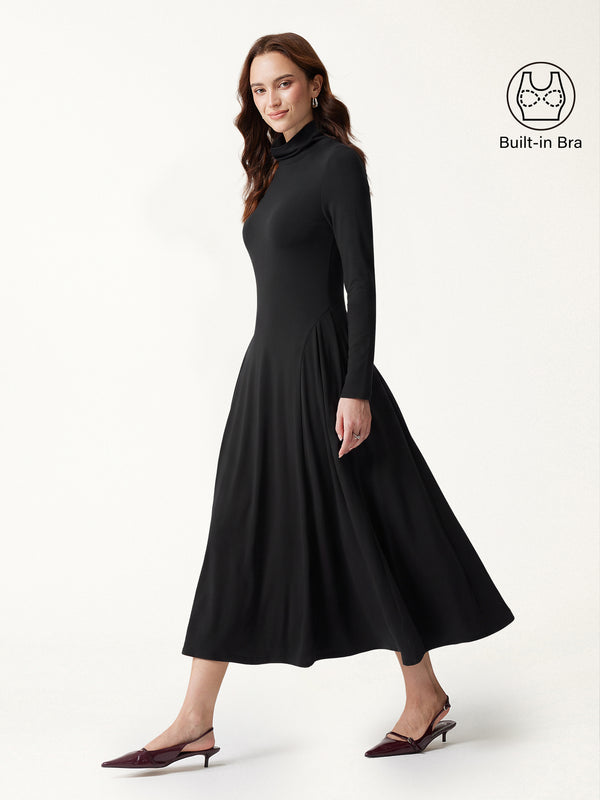 OGLmove ProWarm Turtleneck Tucked Built-In Bra 3.0 Midi Dress with Pockets Black XXS