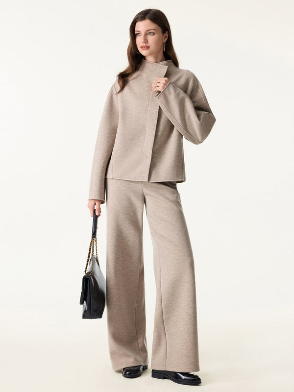 2Pcs Set Stand Collar Jacket & Double Waistband Straight Pants with Pockets