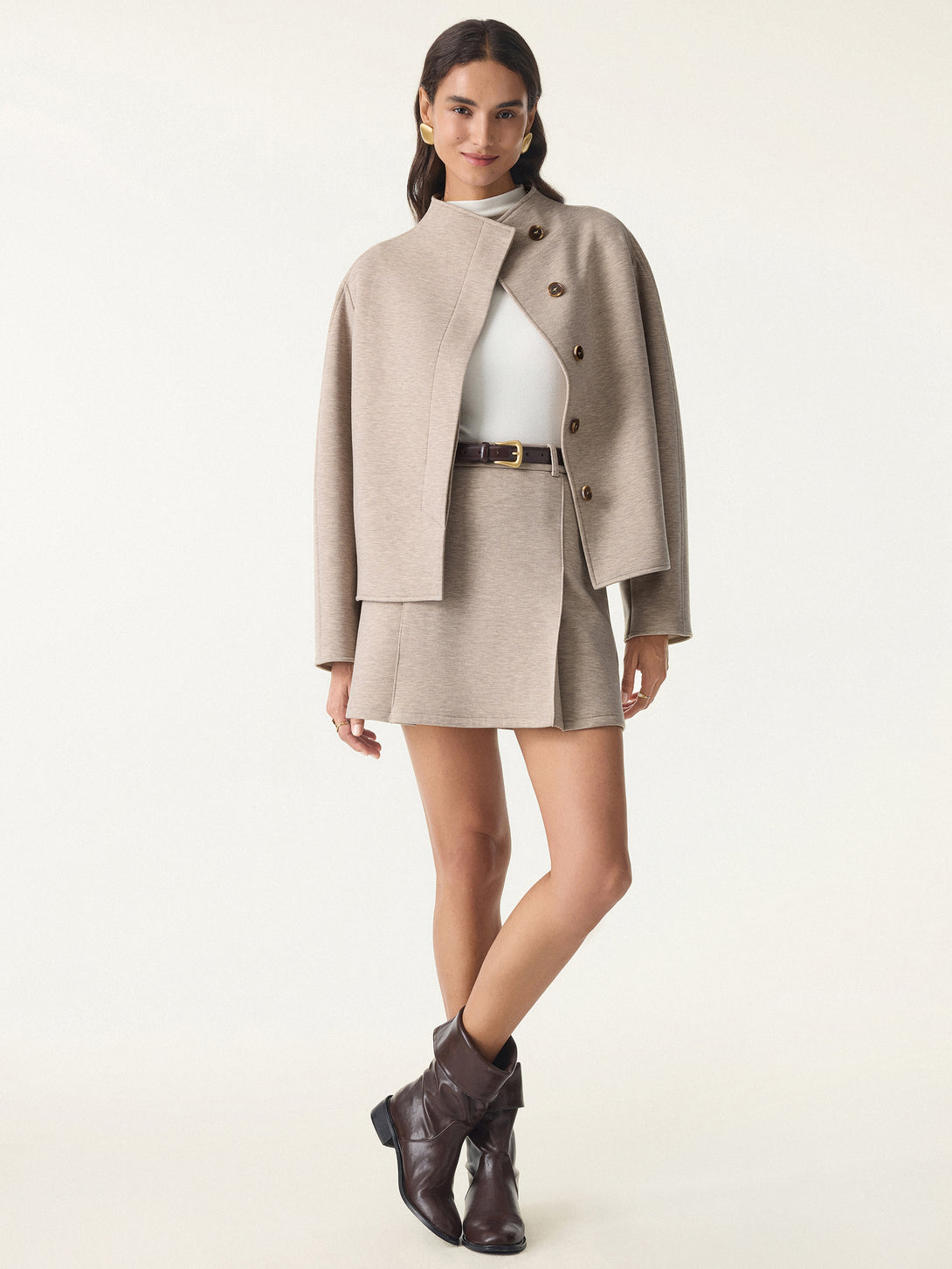 2Pcs Set Stand Collar Cropped Jacket & A-Line Pull on Skorts with Pockets