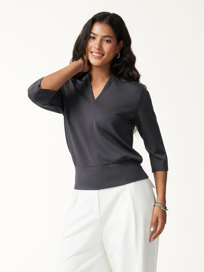Lyocell Spacer Knit V-Neck Elbow Sleeve Banded Hem Top