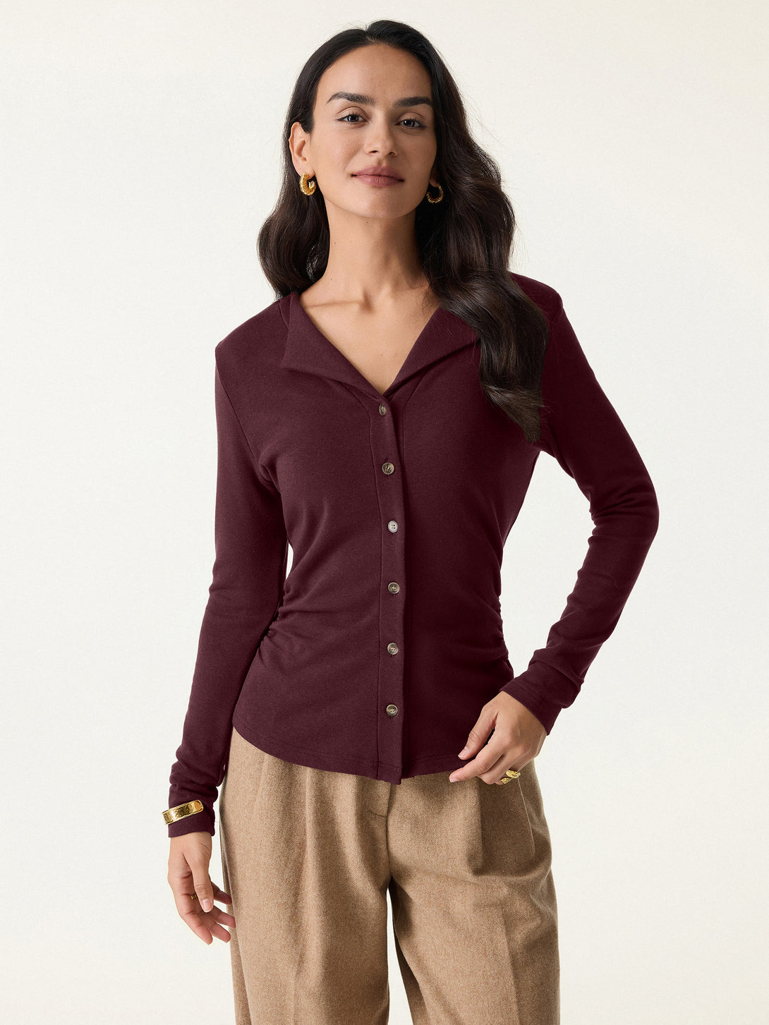 Flapped V-neck Button Front Side Ruched Top Ruby XS