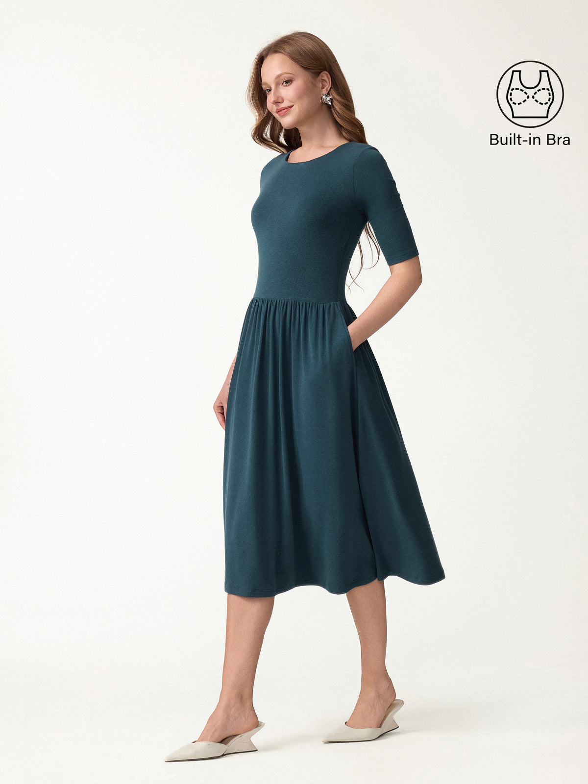 LiteWarm Round Neck Fit Flare Midi Built Bra Dress 2.0 Pockets