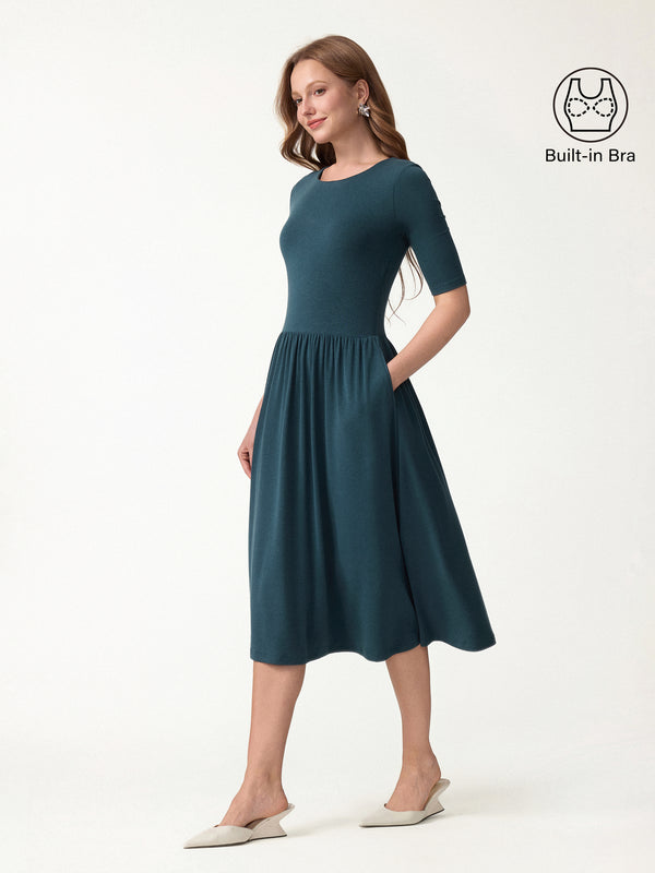 OGLmove Eco-Mousse® Round Neck Elbow Sleeve Fit-and-Flare Midi Bra Dress with Pockets Forest Night XXS
