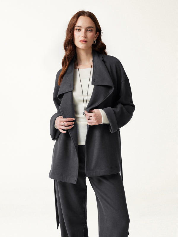 OGLmove FuzzLuxe Waterfall Lapel Belted Jacket with Pockets Deep Grey XXS