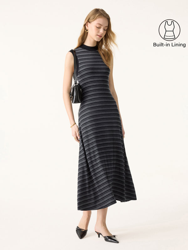 Non-Itch Lyocell Wool Perkins Neck Wide Shoulder Midi Dress