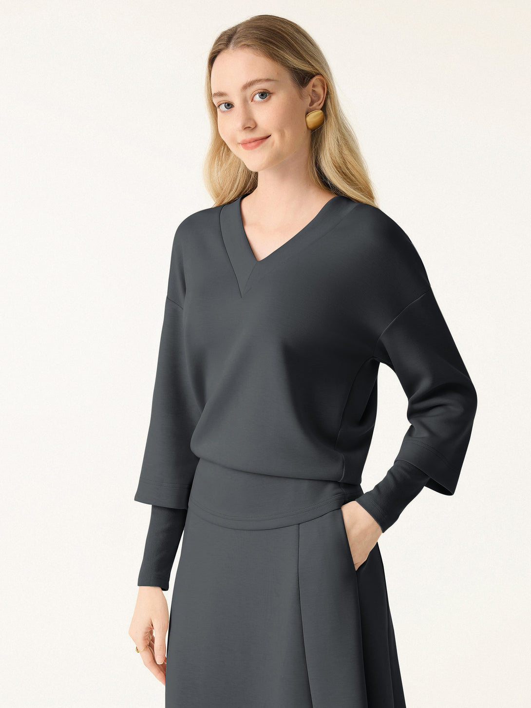 V-neck Hip Length Top with Sleeve Warmers Blue Charcoal XS