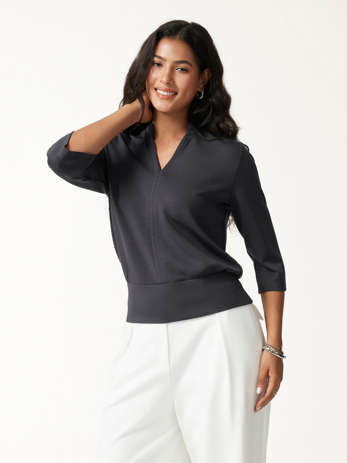 Lyocell Spacer Knit V Neck Elbow Sleeve Banded Top