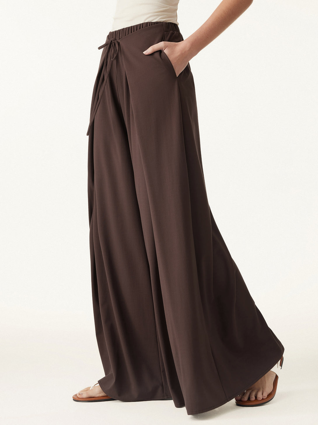 Bamboo Ponte Wrap-tie Palazzo Pants with Pockets Regular Walnut