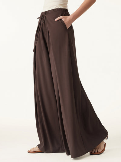Bamboo Ponte Wrap-tie Palazzo Pants with Pockets Regular Walnut