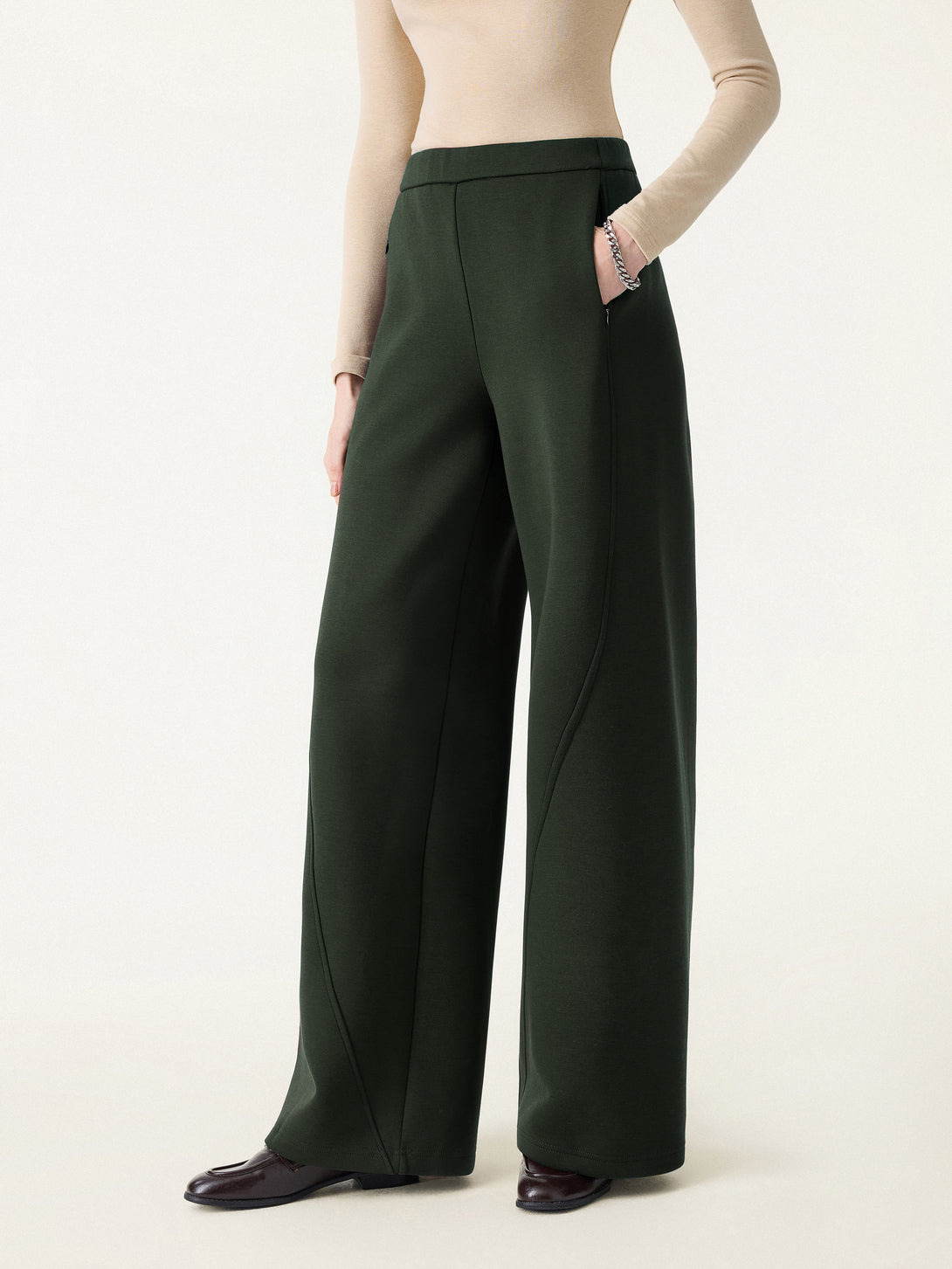 DoubleWarm High Rise Wide Leg Pull-on Pants with Pockets Regular Evergreen