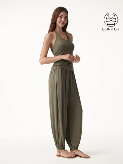 OGLmove 2Pcs Set Open Back Bra Top & Balloon Pants with Pockets