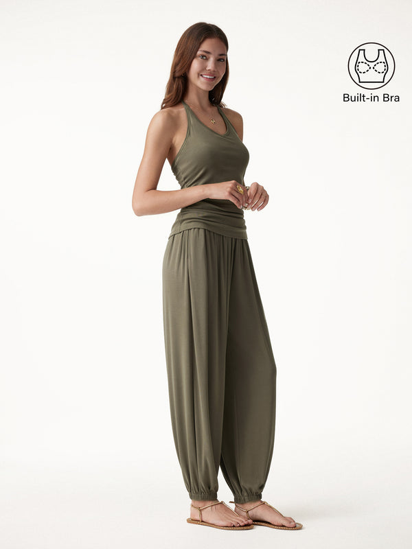 OGLmove 2Pcs Set Open Back Bra Top & Balloon Pants with Pockets Olive XS
